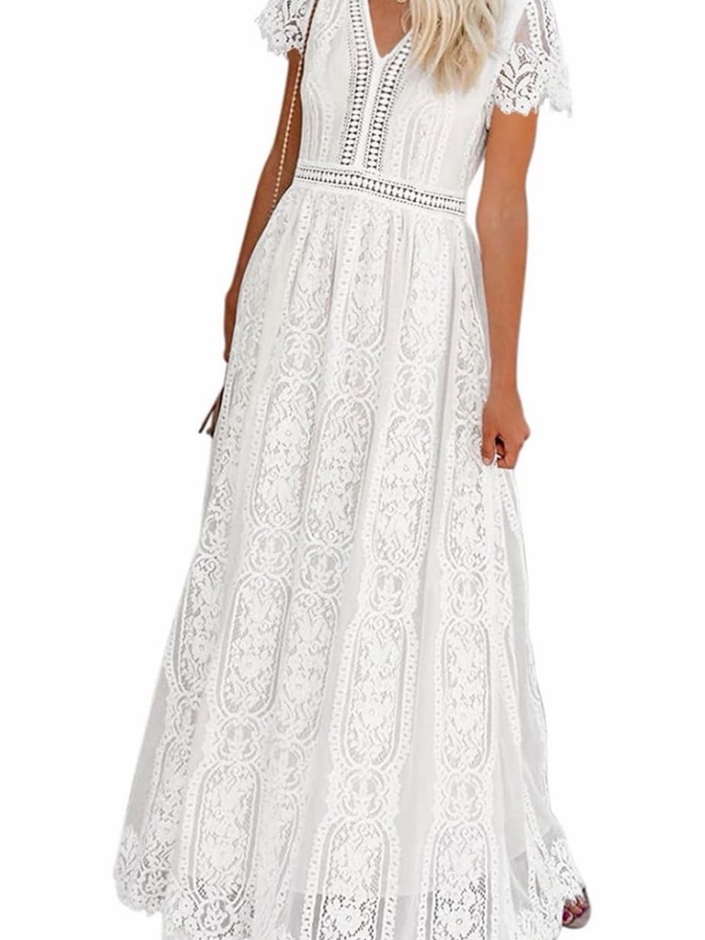 Women's White Lace Maxi Dress with V-Neck and Short Sleeves